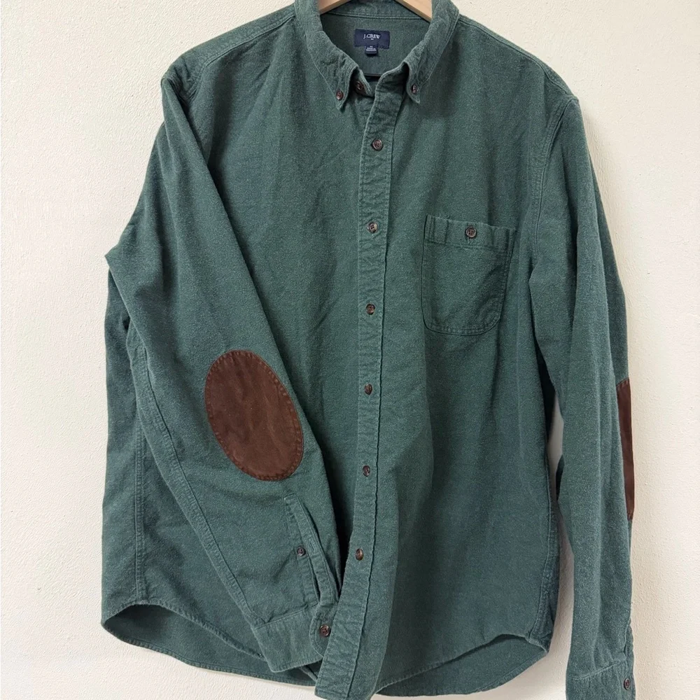 J. Crew Green Button-Down Flannel Shirt with Brown Elbow Patches